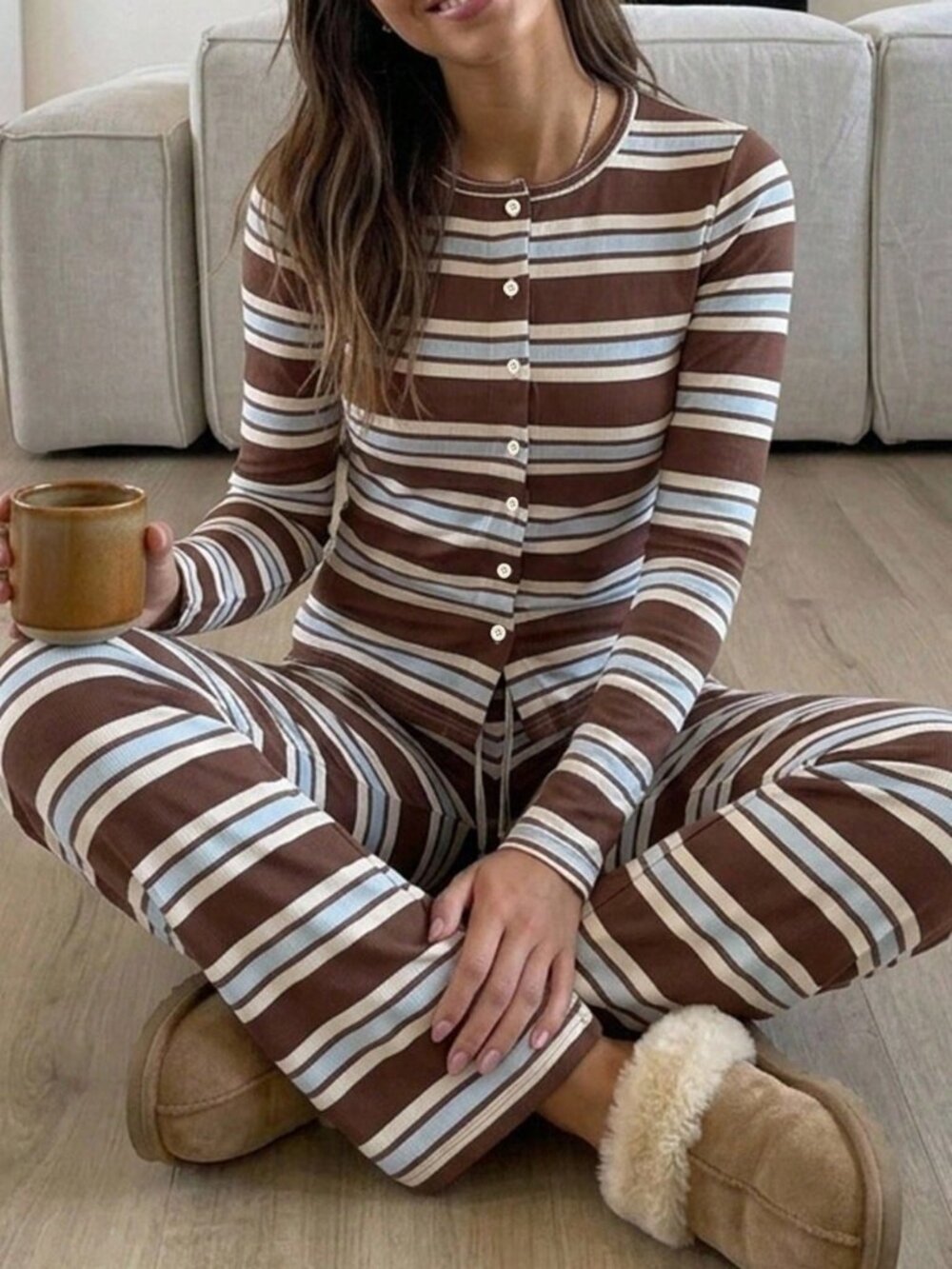 Coffee Brown Casual Women's Striped Single-Breasted T-Shirt And Pants Set